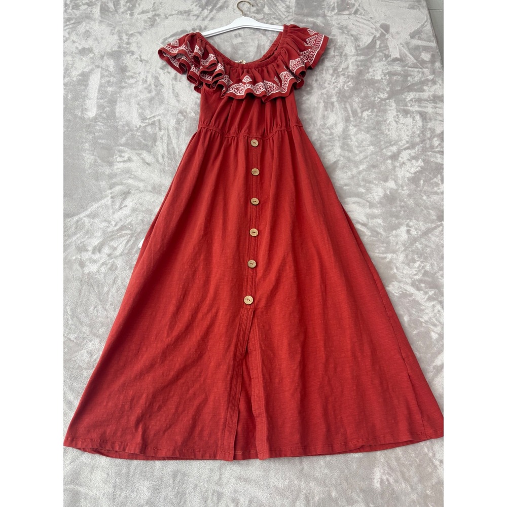 Boho Rust Red Embroidered Off Shoulder Button Front Midi Dress 1562